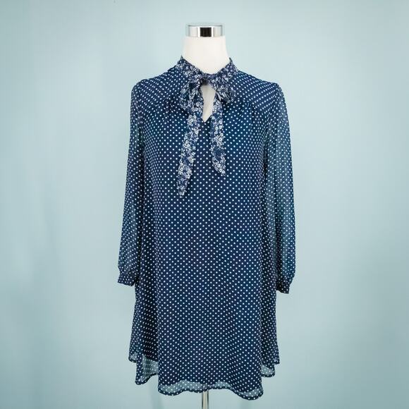 11.1 Tylho Anthropologie Size Small S Blue Isla Polka Dot A Line Tie Neck Dress - Picture 1 of 8